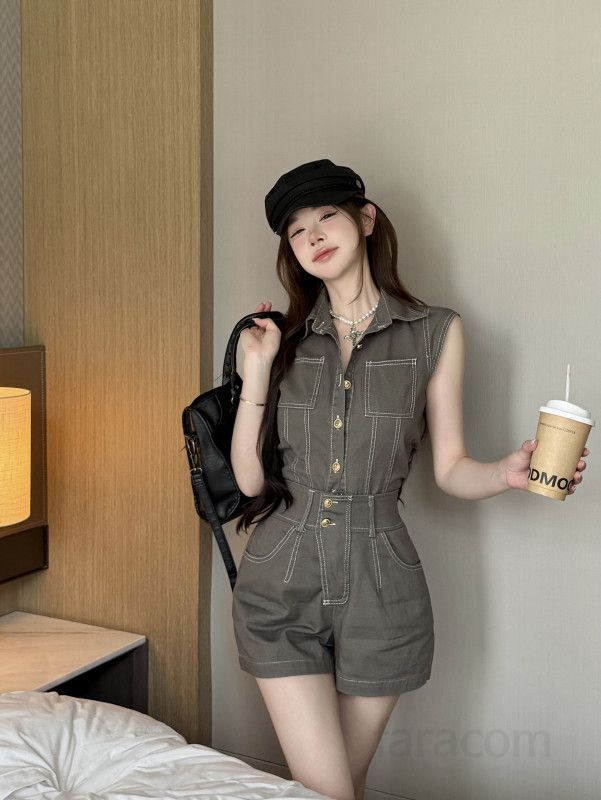 여성 데님 투피스 세트 민소매 카라 버튼 조끼 크롭 상의 스티치 숏팬츠 여름 캐주얼 데일리룩 11275 - 상세 이미지 2