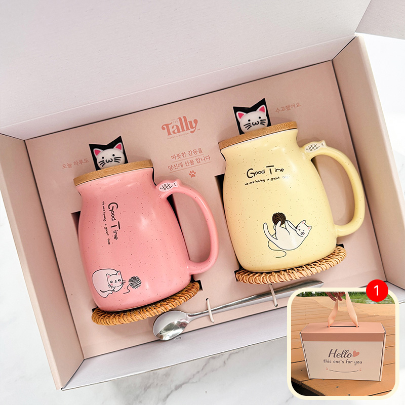 귀여운 고양이 머그컵 뚜껑있는 머그컵 세트 커플 머그컵 도자기 집들이 선물 제품 이미지