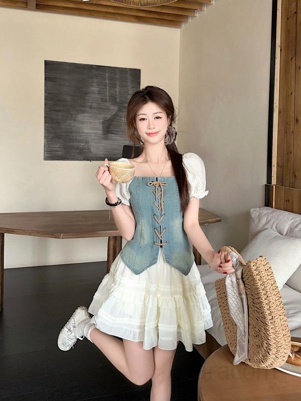 러블리 데일리룩 여성 오프숄더 프릴 코르셋 상의 레이스 미니 캉캉 스커트 투피스 세트 빈티지 워싱 데님 여름 11174 - 상세 이미지 4