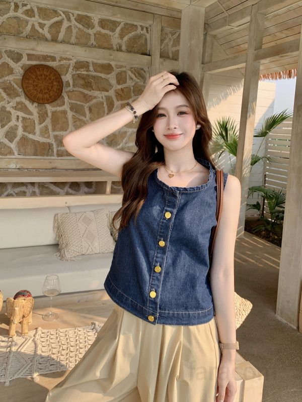 여성 데님 민소매 조끼 라운드넥 버튼 크롭탑 워싱 빈티지 루즈핏 여름 캐주얼 데일리룩 11249 - 상세 이미지 5