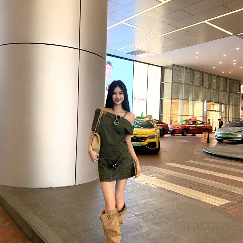 여성 데님 원피스 워싱 원숄더 카라 버튼 A라인 미니 언발란스 스커트 숏드레스 여름 데일리룩 11221 - 상세 이미지 2