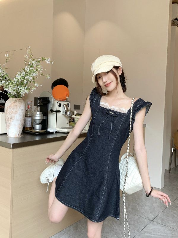 봄 여름 레트로 스퀘어넥 러플소매 레이스 데님 미니 원피스 여성 데이트룩 A라인 청원피스 11525 - 상세 이미지 5