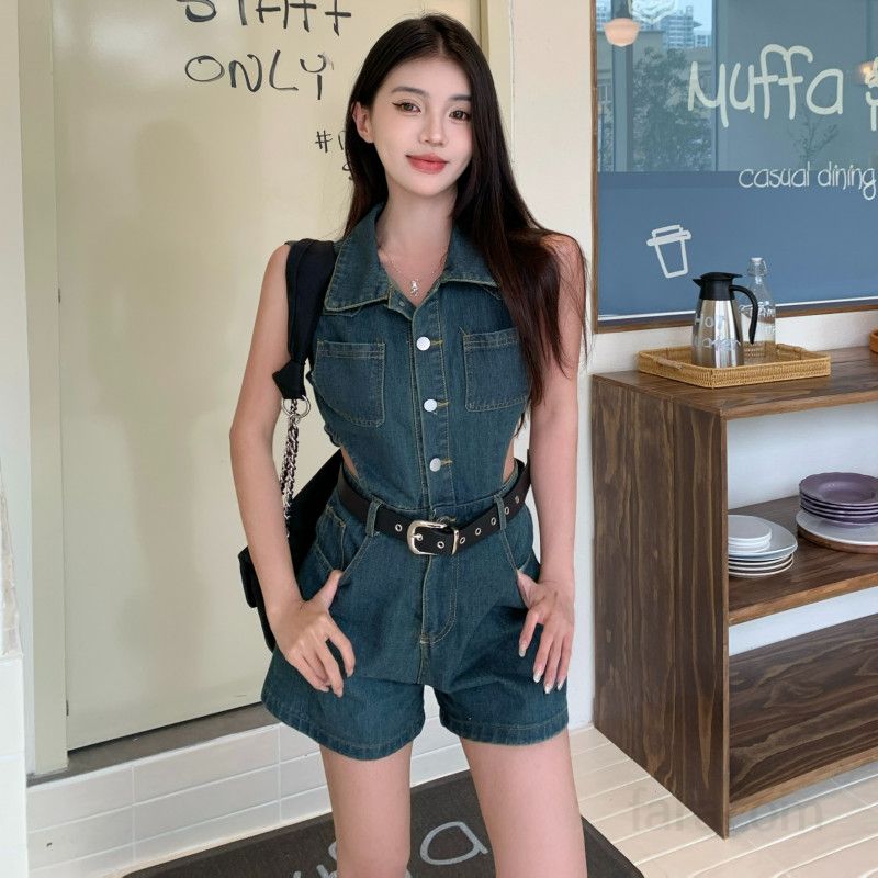 여성 데님 점프수트 롬퍼 민소매 카라 버튼 숏팬츠 워싱 슬림핏 하이웨이스트 여름 캐주얼 데일리룩 11235 - 상세 이미지 2