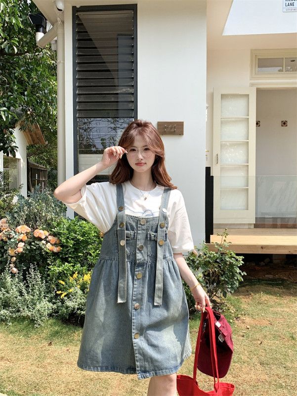 여성 데님 멜빵 원피스 워싱 빈티지 버튼 A라인 미니 루즈핏 서스펜더 숏 원피스 여름 캐주얼 데일리룩 11278 - 상세 이미지 5