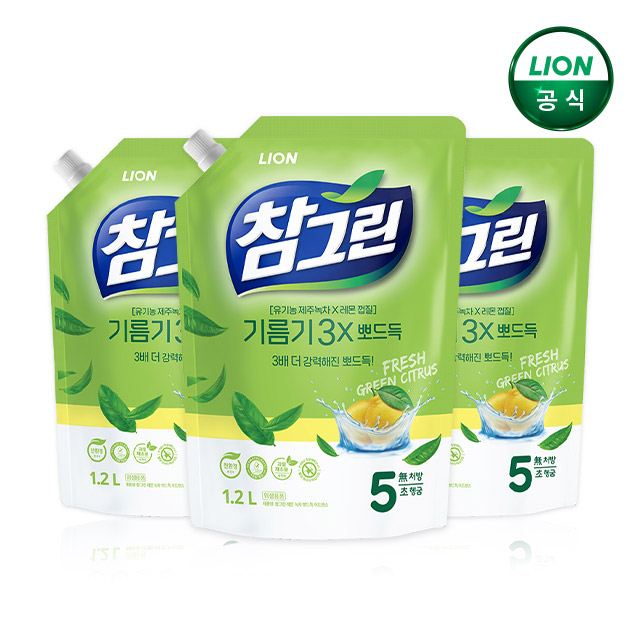 참그린 기름기뽀드득 주방세제 1.2L 리필x3개