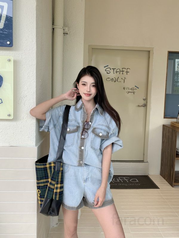 여성 데님 투피스 세트 카라 반팔 오버핏 셔츠 루즈핏 숏팬츠 워싱 빈티지 여름 캐주얼 데일리룩 1808 - 상세 이미지 2