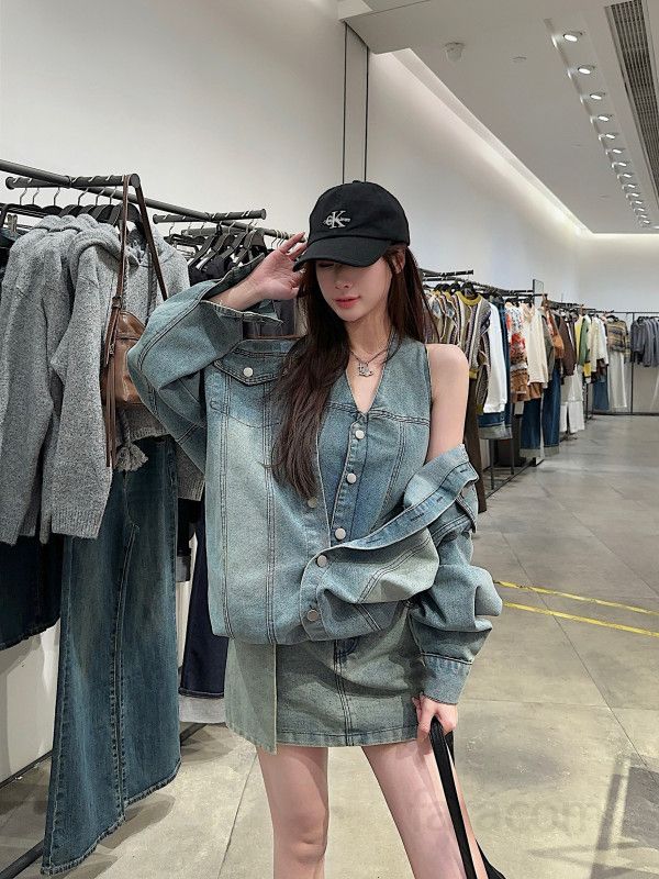 루즈핏 드롭숄더 박시 청자켓  가을 오버핏 워싱 데님자켓 빈티지 투피스 셋업  연청 간절기 여성 아우터 11311 - 상세 이미지 5