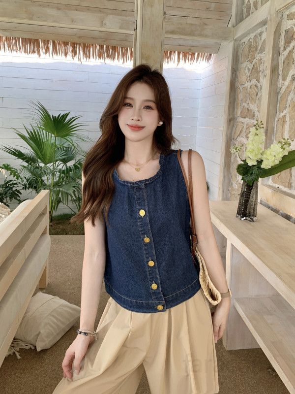 여성 데님 민소매 조끼 라운드넥 버튼 크롭탑 워싱 빈티지 루즈핏 여름 캐주얼 데일리룩 11249 - 상세 이미지 4