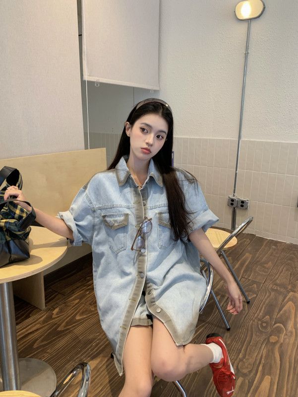 여성 데님 투피스 세트 카라 반팔 오버핏 셔츠 루즈핏 숏팬츠 워싱 빈티지 여름 캐주얼 데일리룩 1808 - 상세 이미지 4