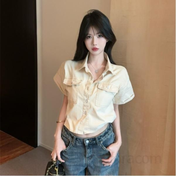 여름 루즈핏 투포켓 크롭 반팔 셔츠 숏 카라 남방 캐주얼 데일리룩 아우터 11276 - 상품 이미지
