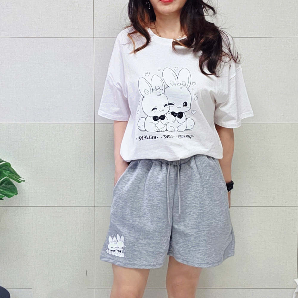 (국산면원단/국내자체생산) SET5002 두마리토끼 반팔티셔츠 반바지 세트 30대40대여성의류 - 상품 이미지