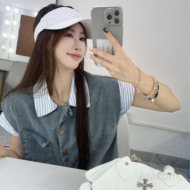 데님 조끼 미니스커트 스트라이프 셔츠 배색 투피스룩 세트 봄 여름 여성 캐주얼 데일리룩 11502 - 상세 이미지 2