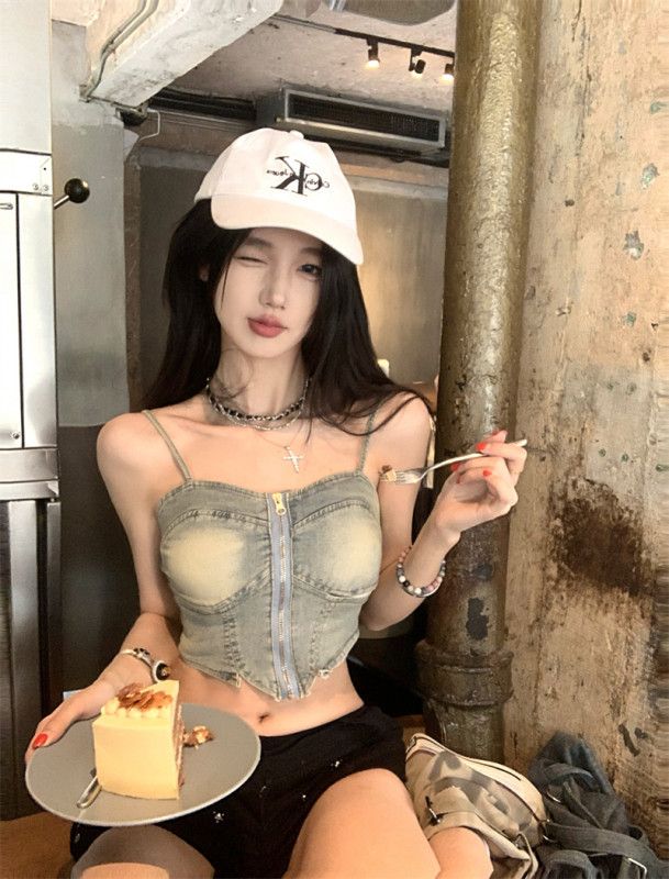 여성 데님룩 코르셋 브라탑 나시 크롭 캡 내장 슬림핏 워싱 셔링 탑 여름 캐주얼 데일리룩 11247 - 상세 이미지 2