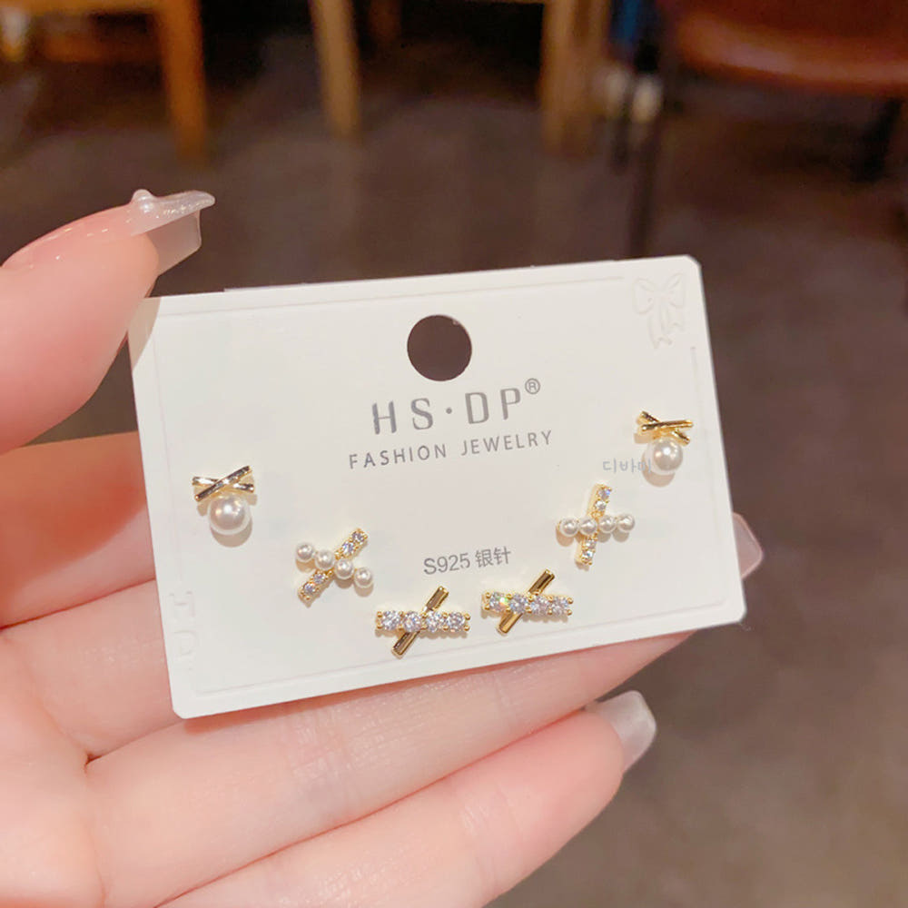 크로스 진주 귀걸이 세트 오피스룩 14K 심플한 고급 이어링 - 상세 이미지 3
