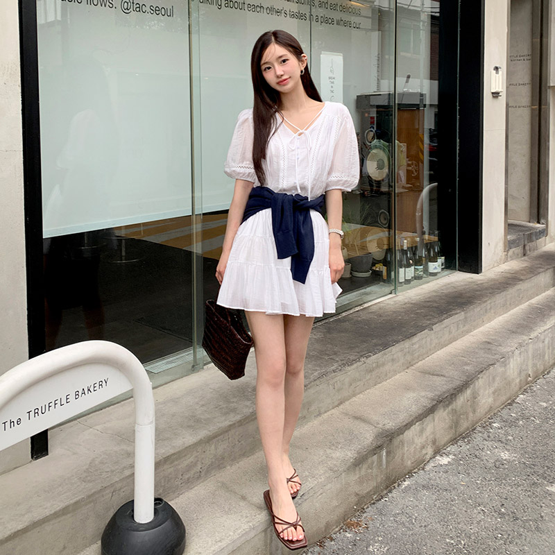 리본 펀칭 반팔 블라우스 밴딩 캉캉 미니 스커트 세트 st2864 이미지 3