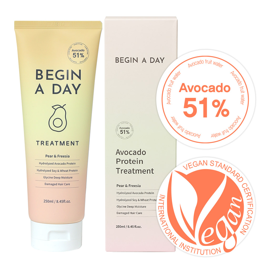 비긴어데이 아보카도 단백질 트리트먼트 약산성 비건 천연 윤기 손상모 헤어팩, 250ml