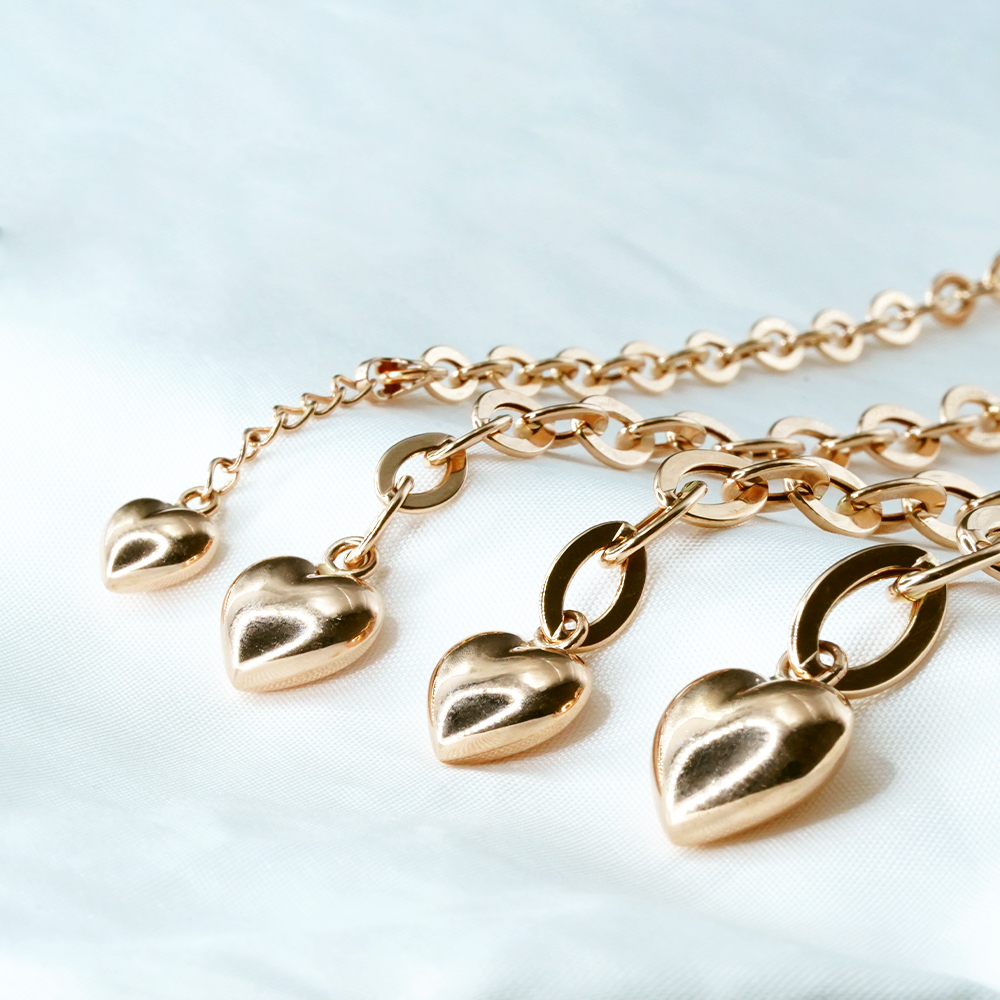 14K 하트 펜던트 체인 팔찌 - 통통 골드 볼륨 클립 할로우 레이어드 데일리룩