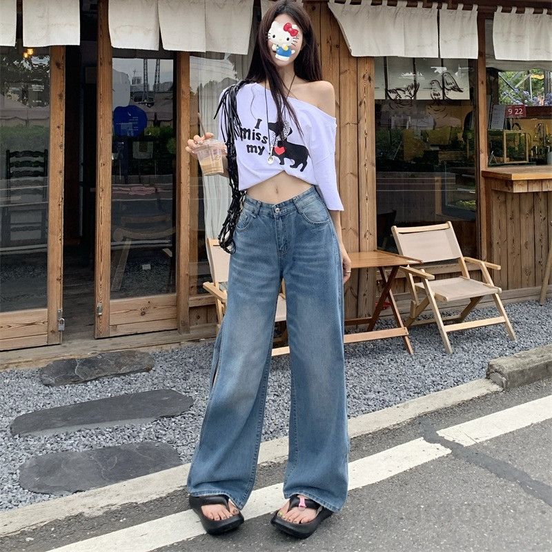 여자 하이웨스트 옆트임 롱 와이드 청바지 스트레이트핏 캐주얼 루즈핏 맥시 데님 팬츠 봄 여름 통바지 8736 - 상품 이미지
