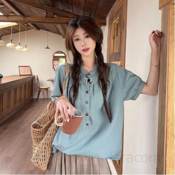 셔링 헨리넥 루즈핏 데님 블라우스 봄 여름 여성 캐주얼 반팔 셔츠 체형커버 11499 - 상품 이미지