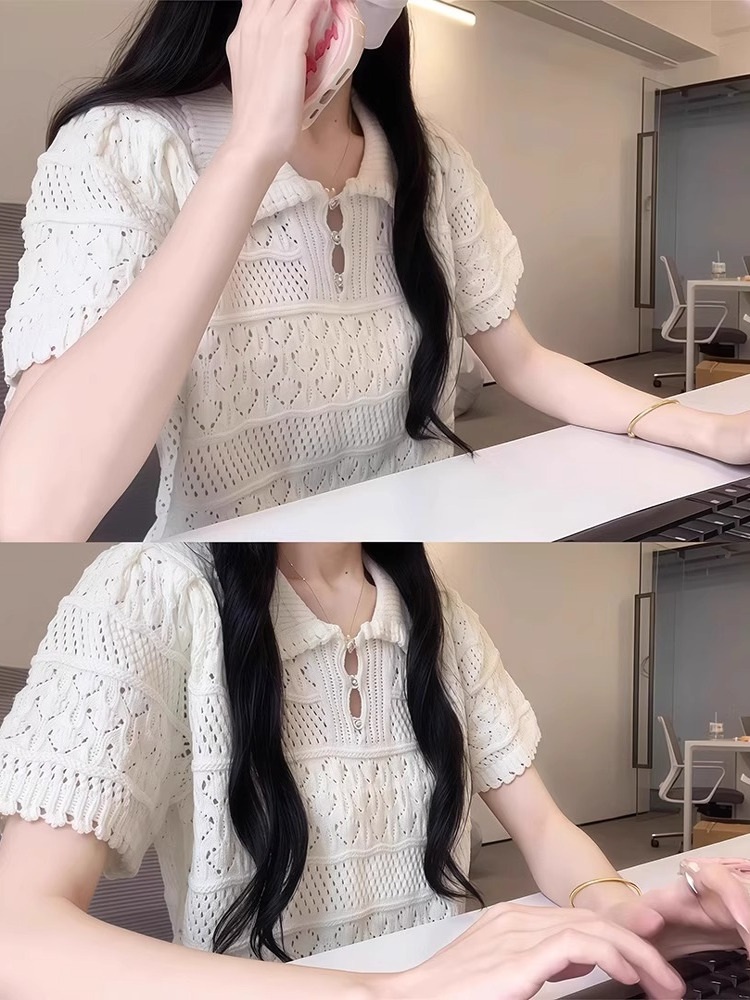 카라 펀칭 반팔니트 예쁜 유니크 디자인 청순 데이트 캐주얼 오피스룩 크림화이트 - 상세 이미지 3