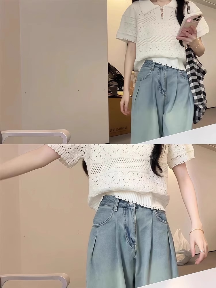 카라 펀칭 반팔니트 예쁜 유니크 디자인 청순 데이트 캐주얼 오피스룩 크림화이트 - 상세 이미지 2