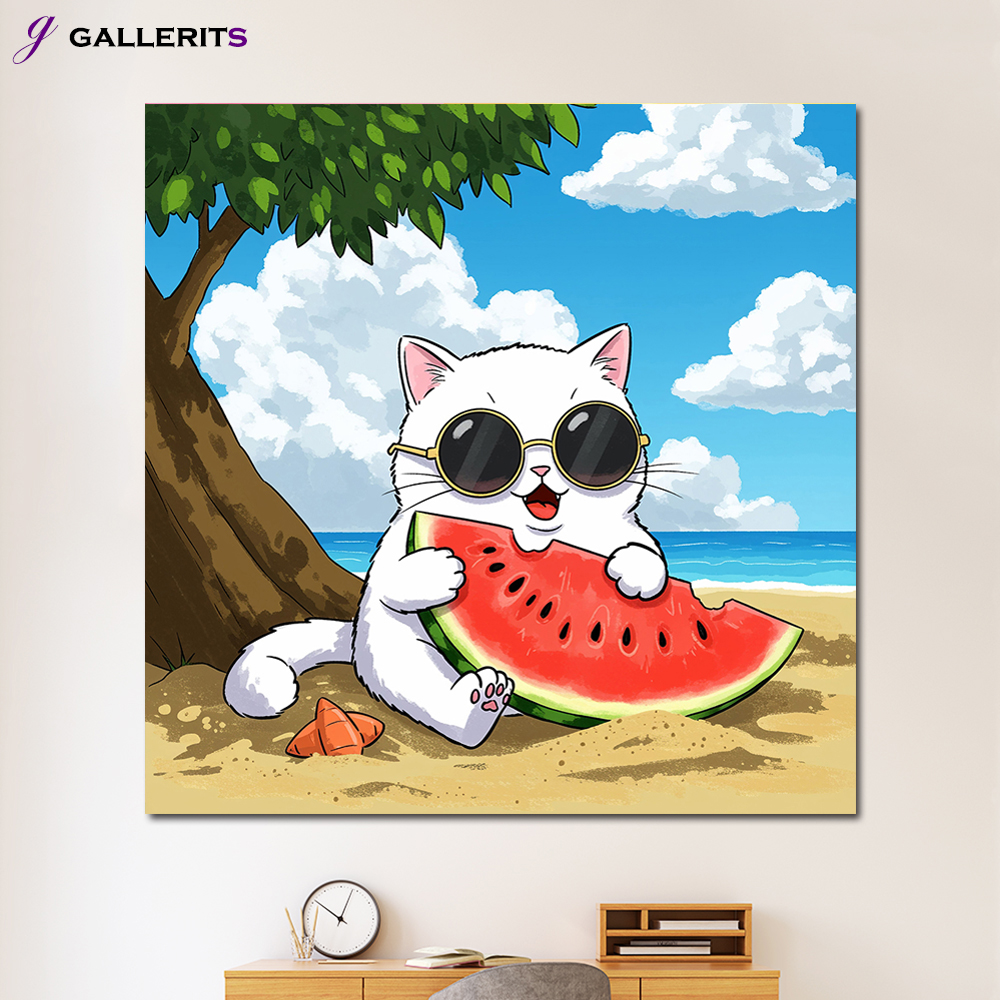 수박 고양이 그림 여름 인테리어 액자 거실 사무실 현관 카페 소형 - 상품 이미지