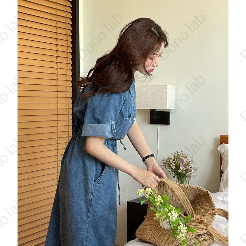 여름 복고풍 카라 허리 끈 반팔 워싱 데님 원피스 - 상세 이미지 2