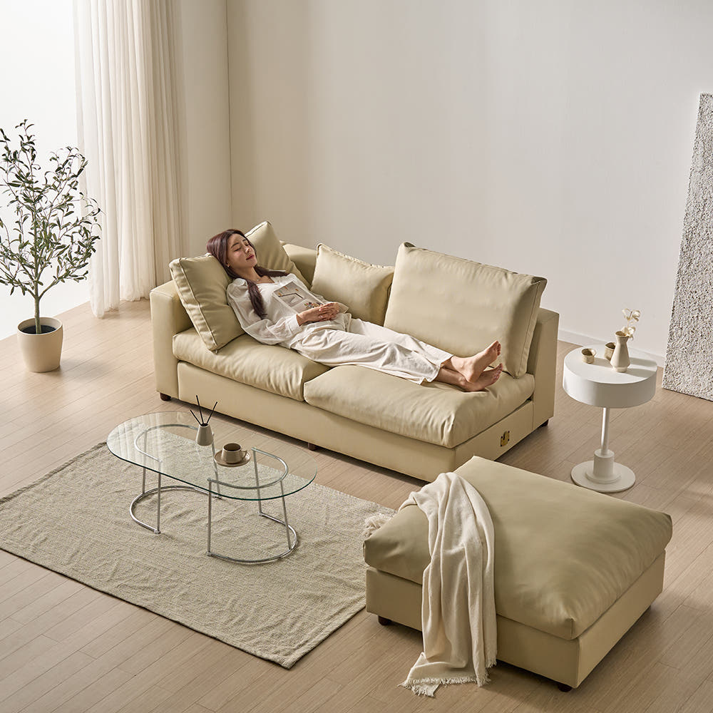 세인트블랑 컴피 구스 가죽 모듈 소파 sk 스툴포함, 다크브라운 왼팔, 2인용