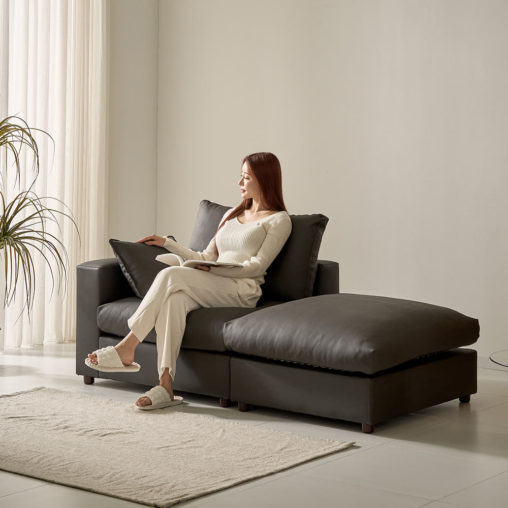 세인트블랑 컴피 구스 가죽 모듈 소파 sk 스툴포함, 다크브라운 왼팔, 2인용