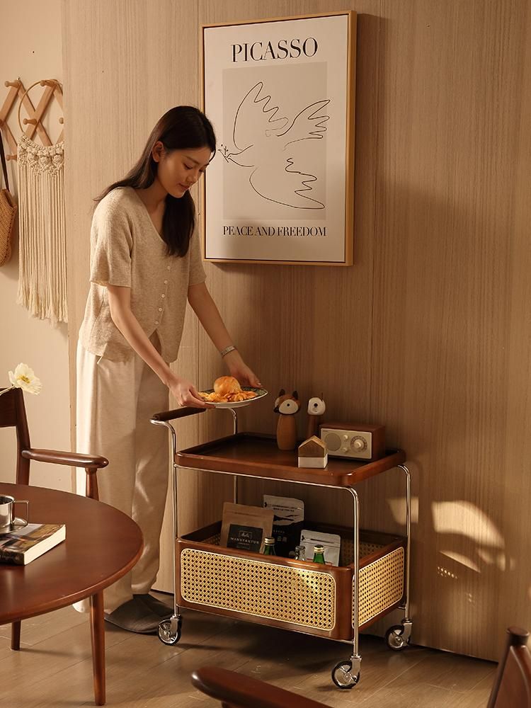 서빙 원목트롤리 3단카트 서빙카트 가정용 등나무 단카트 - 상세 이미지 3