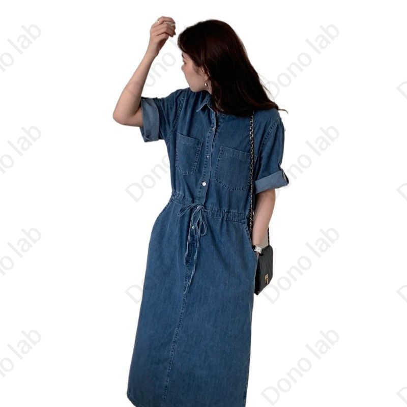 여름 복고풍 카라 허리 끈 반팔 워싱 데님 원피스 - 상세 이미지 5