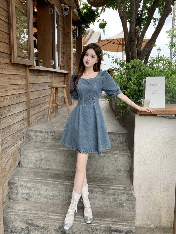 봄 여름 레트로 스퀘어넥 퍼프소매 데님 원피스 A라인 플레어 미니 청원피스 하객룩 11532 - 상세 이미지 4