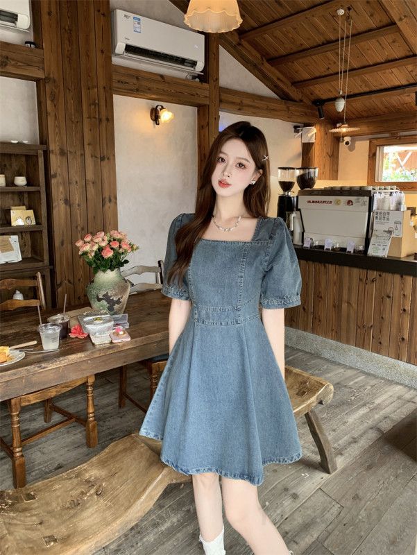 봄 여름 레트로 스퀘어넥 퍼프소매 데님 원피스 A라인 플레어 미니 청원피스 하객룩 11532 - 상세 이미지 5