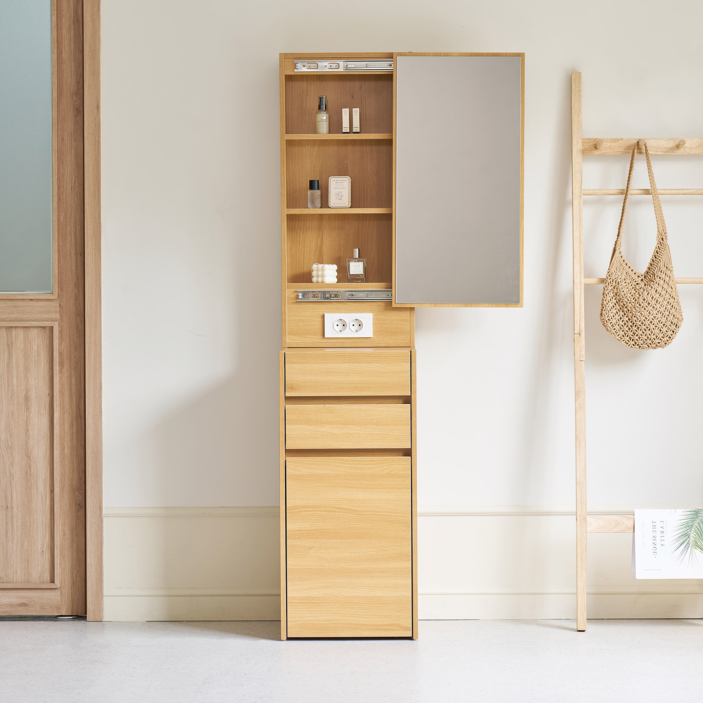 모디카 르엔 틈새 화장대 스툴 일체형 네추럴 우형 - 상품 이미지