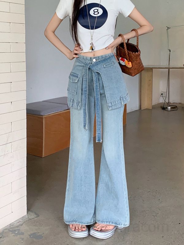 여자 Y2K 랩스커트 카고 청바지 하이웨스트 부츠컷 와이드 롱 데님 팬츠 스트릿 봄 여름 8743 - 상세 이미지 2