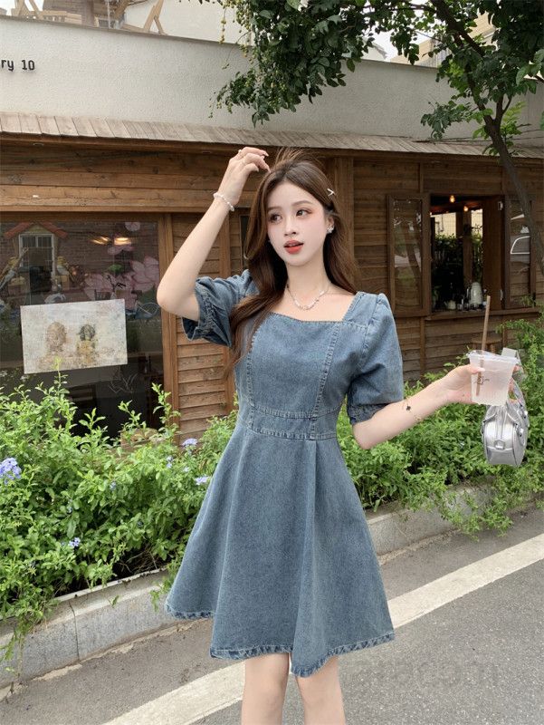 봄 여름 레트로 스퀘어넥 퍼프소매 데님 원피스 A라인 플레어 미니 청원피스 하객룩 11532 - 상세 이미지 2