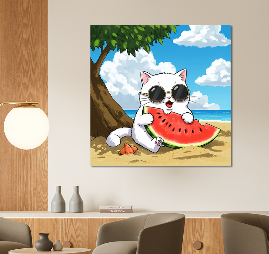 수박 고양이 그림 여름 인테리어 액자 거실 사무실 현관 카페 소형 - 상세 이미지 2
