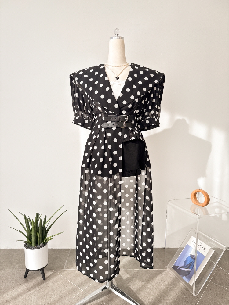 시스루 레이어드 스모크 세일러 벨트 퍼프 랩 롱 원피스