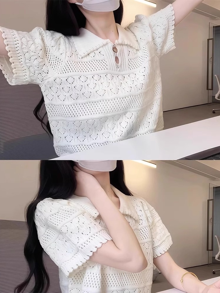 카라 펀칭 반팔니트 예쁜 유니크 디자인 청순 데이트 캐주얼 오피스룩 크림화이트 - 상세 이미지 4