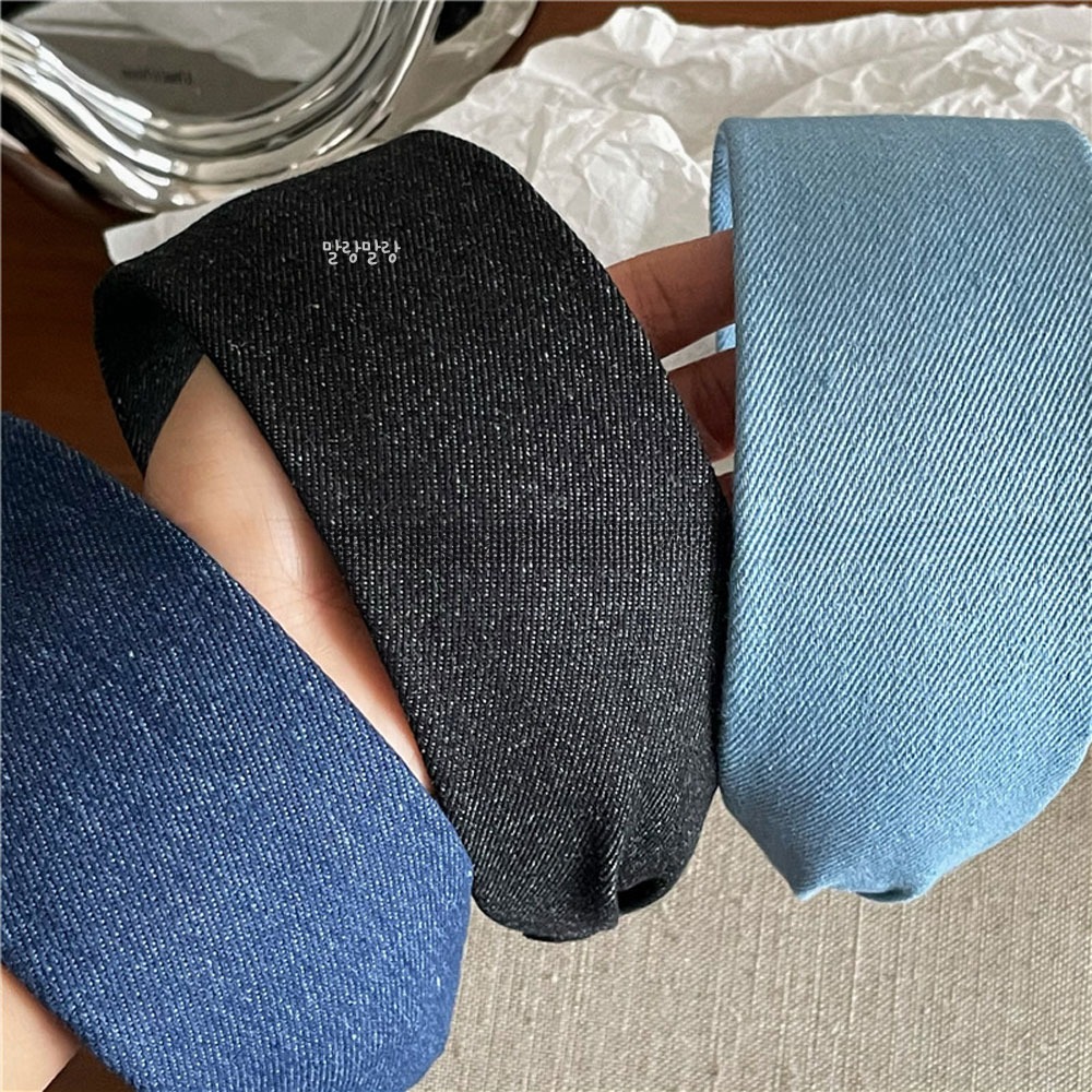 심플 와이드 데님 머리띠 패브릭 청 무지 포인트 넓은 헤어밴드 - 상세 이미지 4