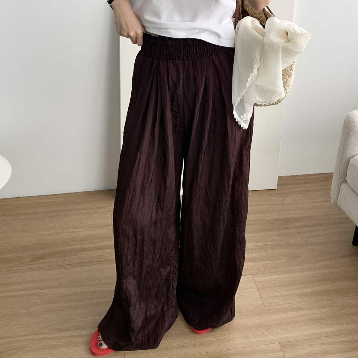 [브라운당일] 아웃핏 휴가 팬츠 여름 레이온 와이드 밴딩팬츠 (2c) - 상품 이미지