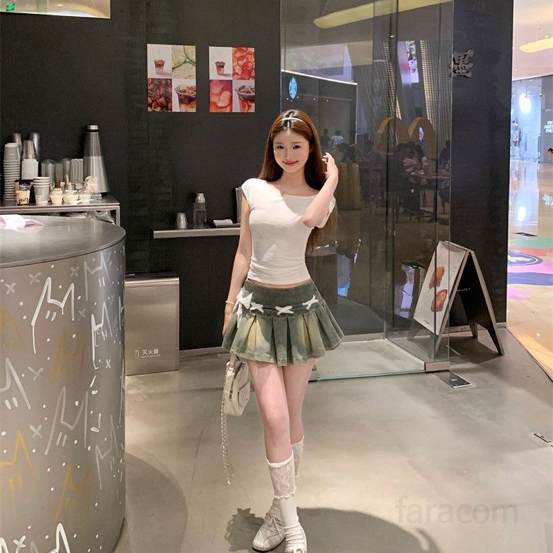여자 Y2K 리본 플리츠 데님 스커트 A라인 워싱 빈티지 미니 치마바지 봄 여름 8761 - 상세 이미지 2