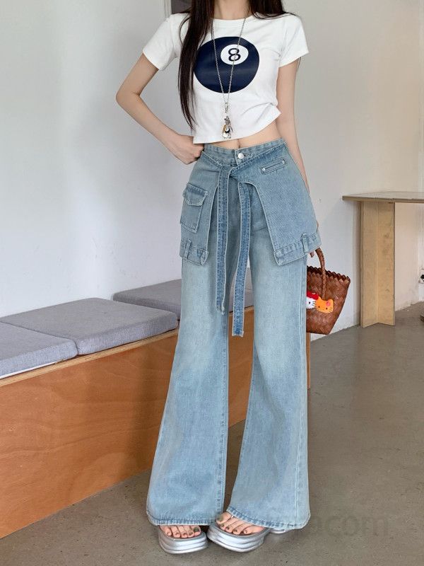 여자 Y2K 랩스커트 카고 청바지 하이웨스트 부츠컷 와이드 롱 데님 팬츠 스트릿 봄 여름 8743 - 상세 이미지 4