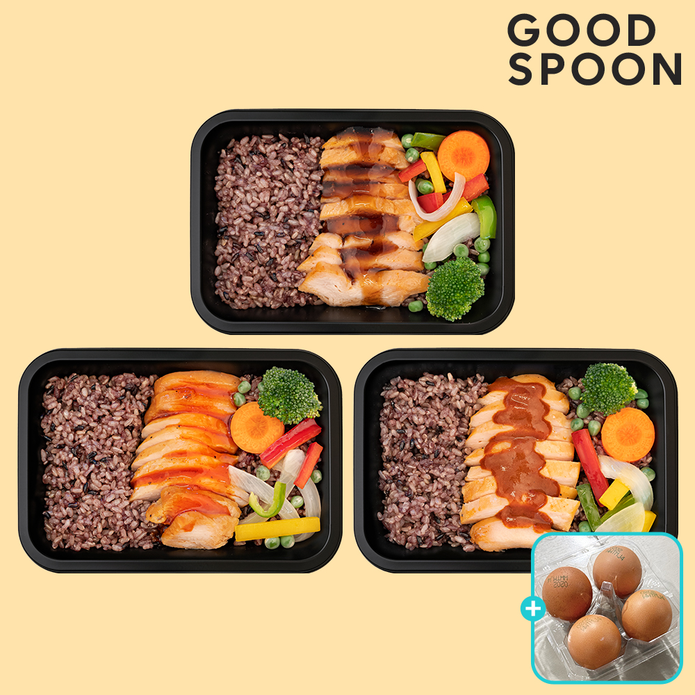 굿스푼 양많은 바프도시락 3팩 세트+구운계란 4구 저당 단백질 도시락  헬스 피티 운동 식단 닭가슴살 슬라이스