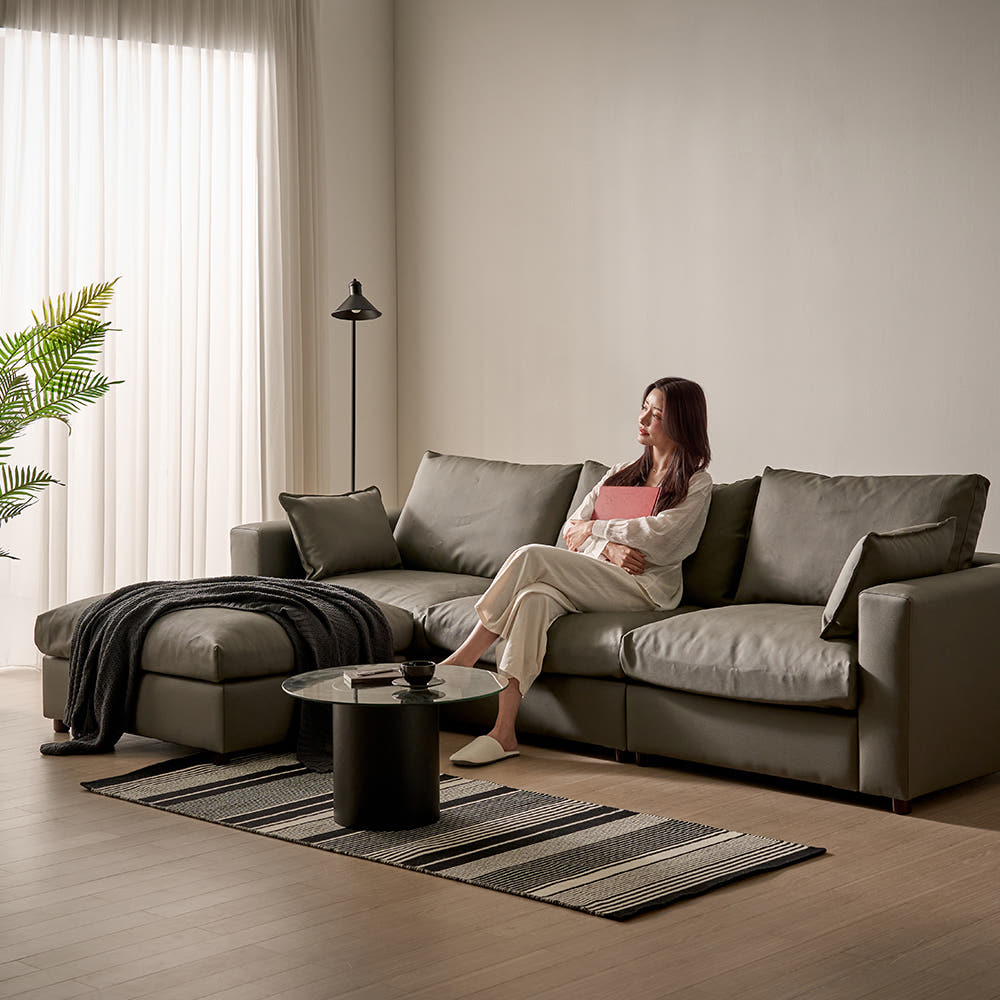 세인트블랑 컴피 구스 가죽 모듈 소파 sk 스툴포함, 다크브라운 왼팔, 2인용