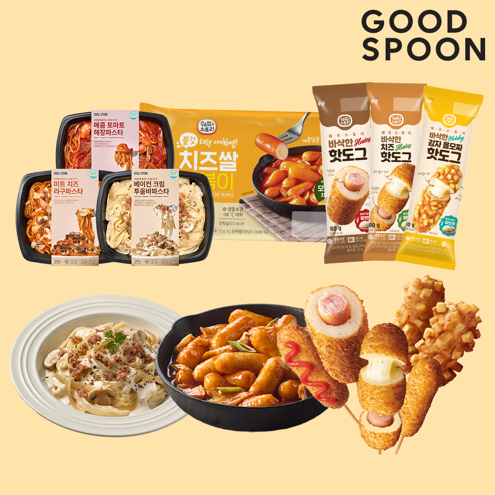 [굿스푼 분식세트] 파스타 3종+치즈 떡볶이+치즈 감자 핫도그 3종 해장 국물 토마토 - 상품 이미지