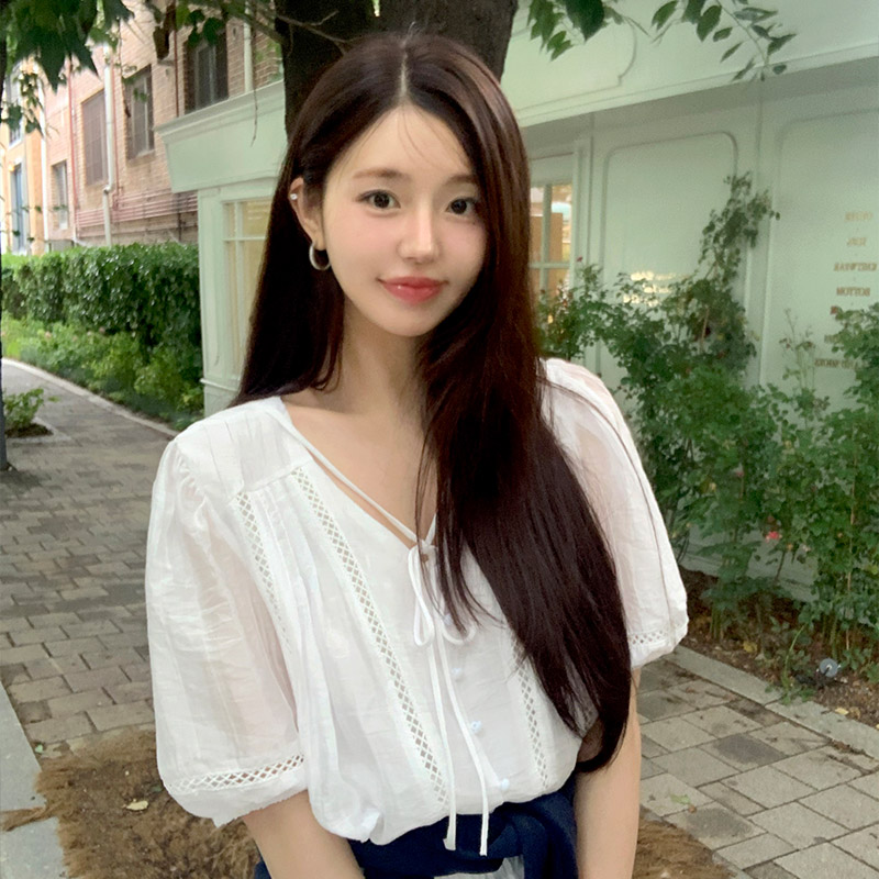 리본 펀칭 반팔 블라우스 밴딩 캉캉 미니 스커트 세트 st2864 이미지 4