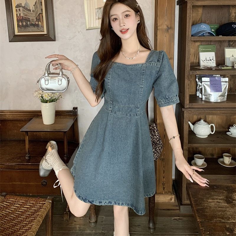 봄 여름 레트로 스퀘어넥 퍼프소매 데님 원피스 A라인 플레어 미니 청원피스 하객룩 11532