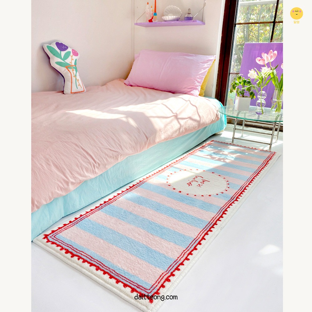 달떵 귀여운 핑크스트라이프 침실 침대 긴 러그 핑크, 150x50