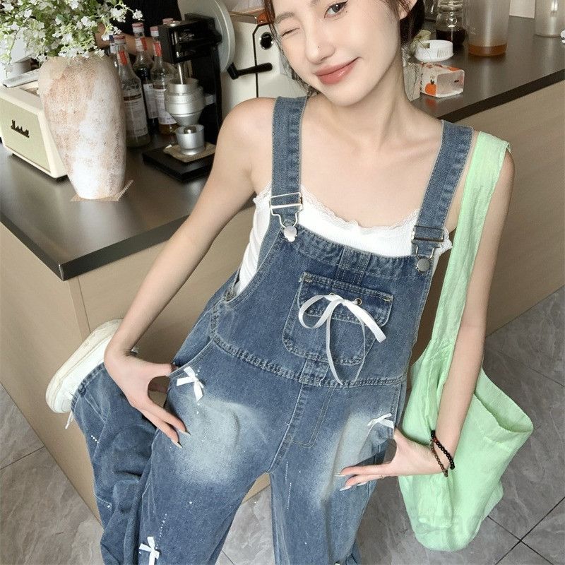 하이웨스트 데님 롱 멜빵바지 루즈핏 리본 스트랩 봄 여름 여성 와이드 일자핏 청 오버롤 8739 - 상세 이미지 5